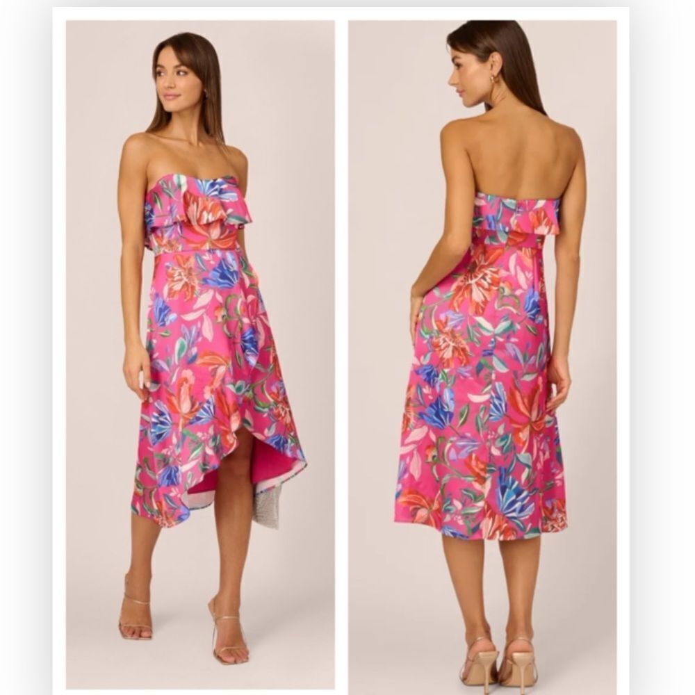 Adrianna Papell Tropical Floral Sateen Strapless Midi Ruffle Accent NWT $245
